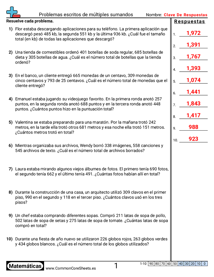 Ejercicios de sumas - varios-sumandos-3-digitos-problemas-de-palabras worksheet