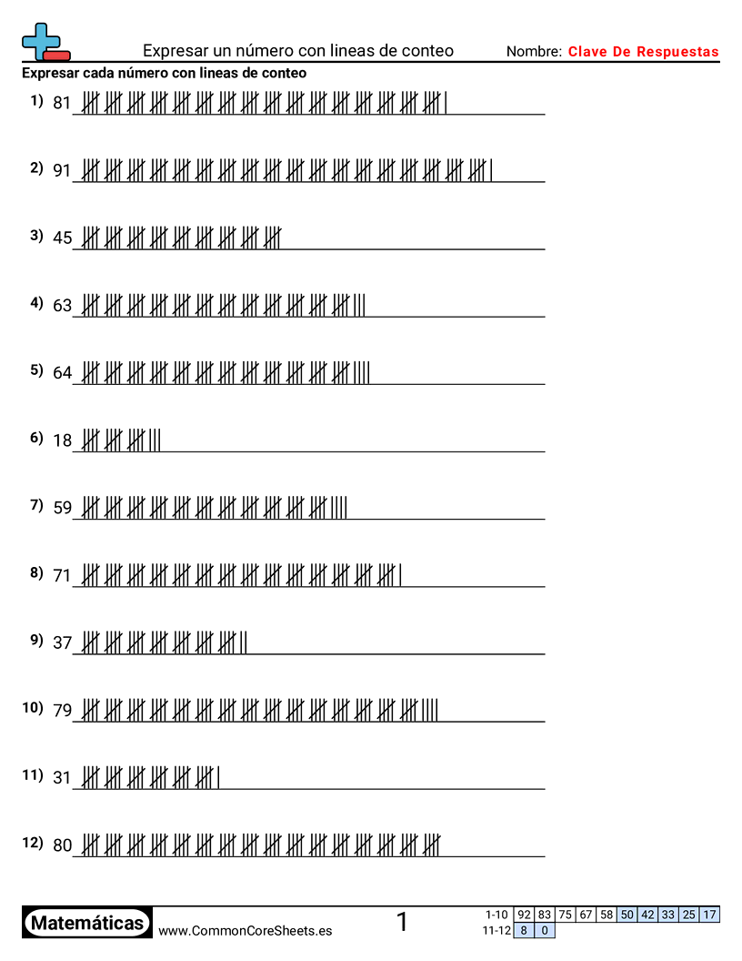 Ejercicios  de marcas de conteo - Expresar un número con marcas de conteo worksheet