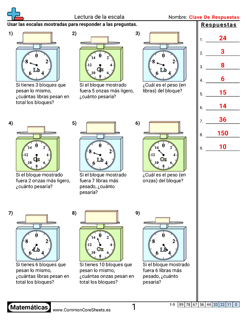 Ejercicios  de pesos - Leer una balanza worksheet