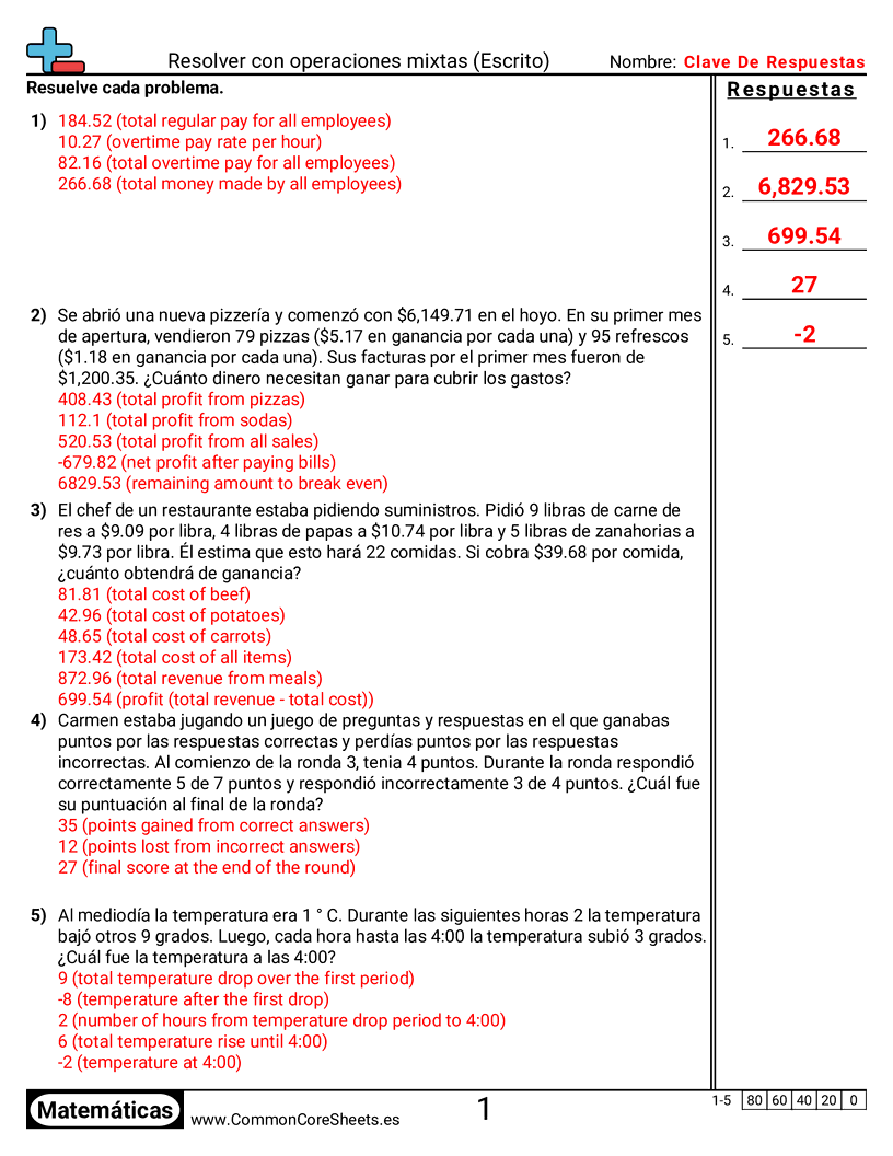 Ejercicios  de orden de operaciones - Resolver con operaciones mixtas (palabras) worksheet