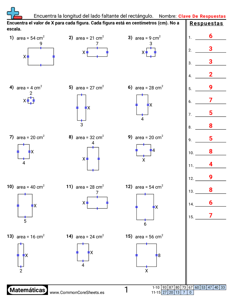 encontrando la longitud de un lado Worksheets - Encontrar el lado faltante de un rectángulo worksheet