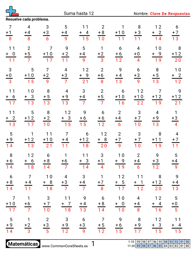 Ejercicios  de ejercicios de matemáticas - Sumando hasta 12 worksheet