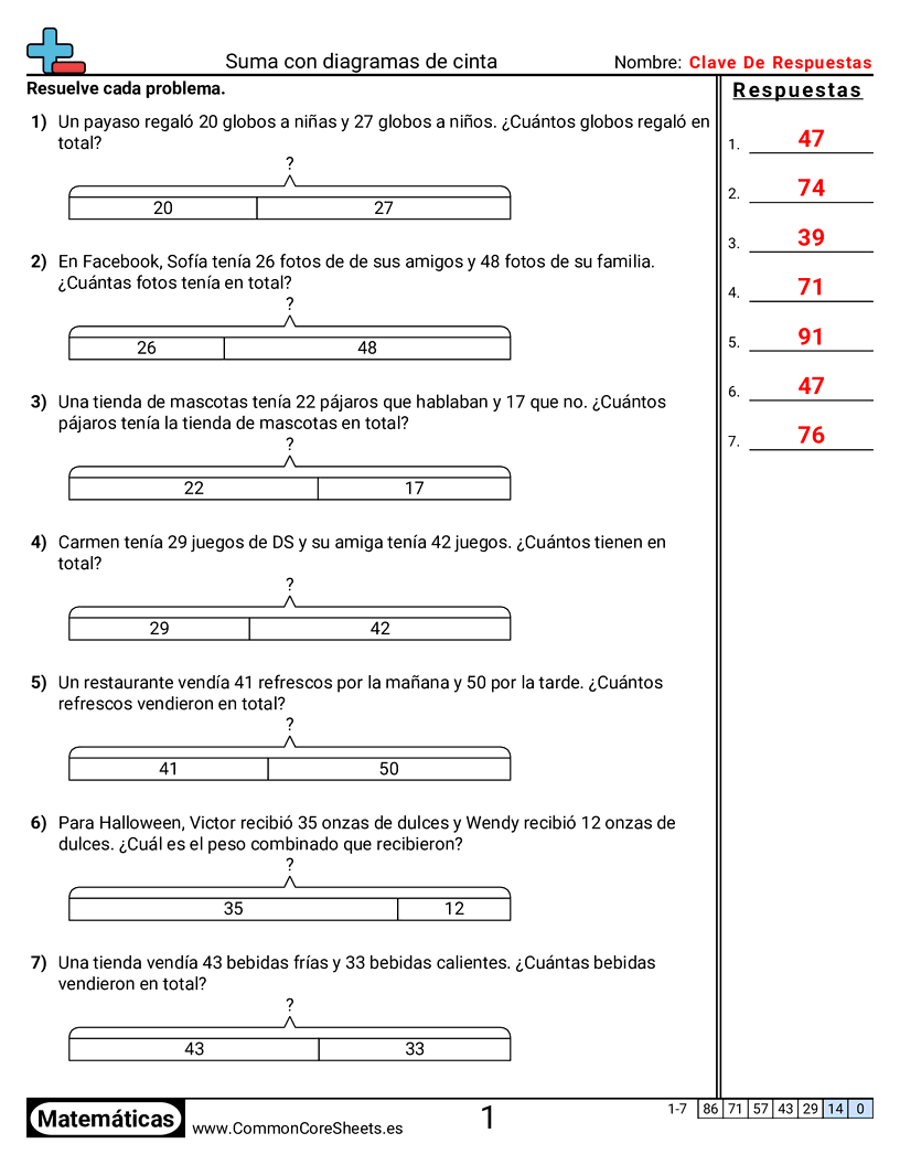 CCSS 2.OA.1 Worksheets - Suma con diagrama de cinta worksheet