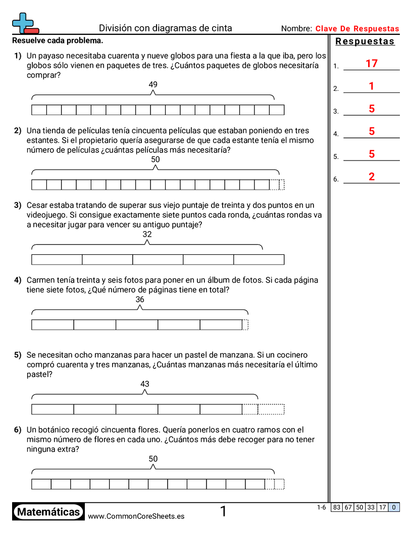 CCSS 3.OA.2 Worksheets - División con diagrama de cinta worksheet