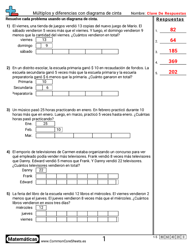 CCSS 4.OA.2 Worksheets - Múltiplos y diferencias con diagrama de cinta worksheet