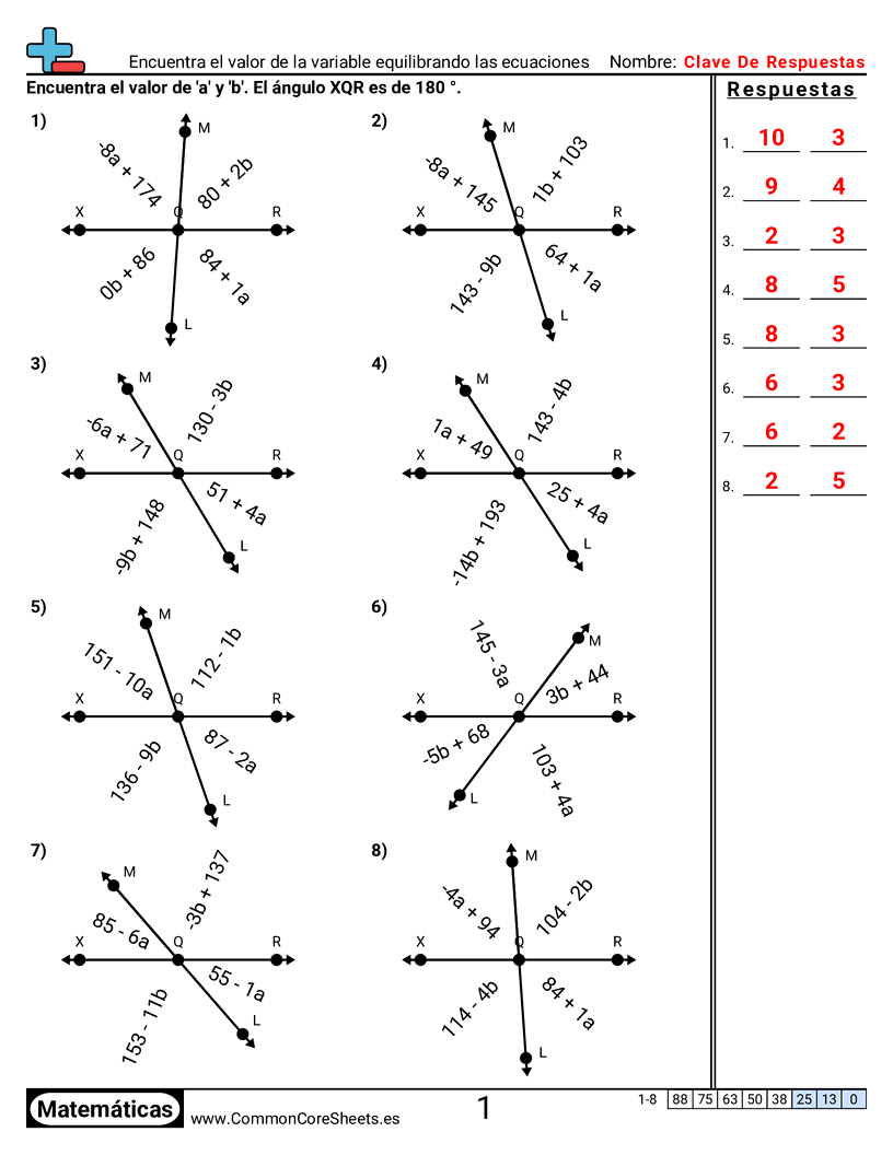 Ejercicios de ángulos - Determinar el valor de la variable equilibrando ecuaciones worksheet