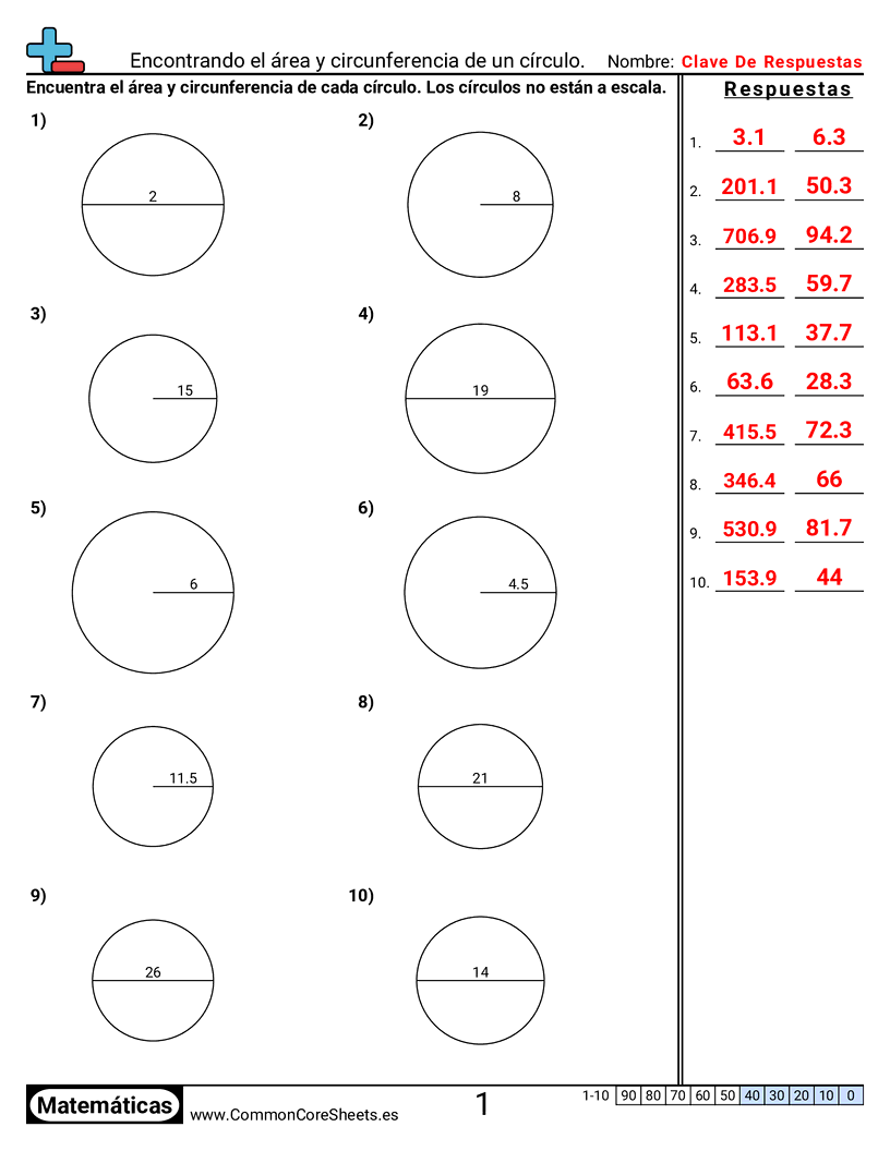 7th Grade Ejercicios  área y perímetro - Área y circunferencia del círculo worksheet