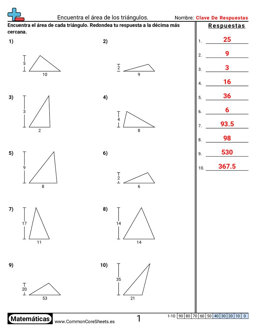 6th Grade Ejercicios  área y perímetro - Área de triángulos (base y altura) worksheet