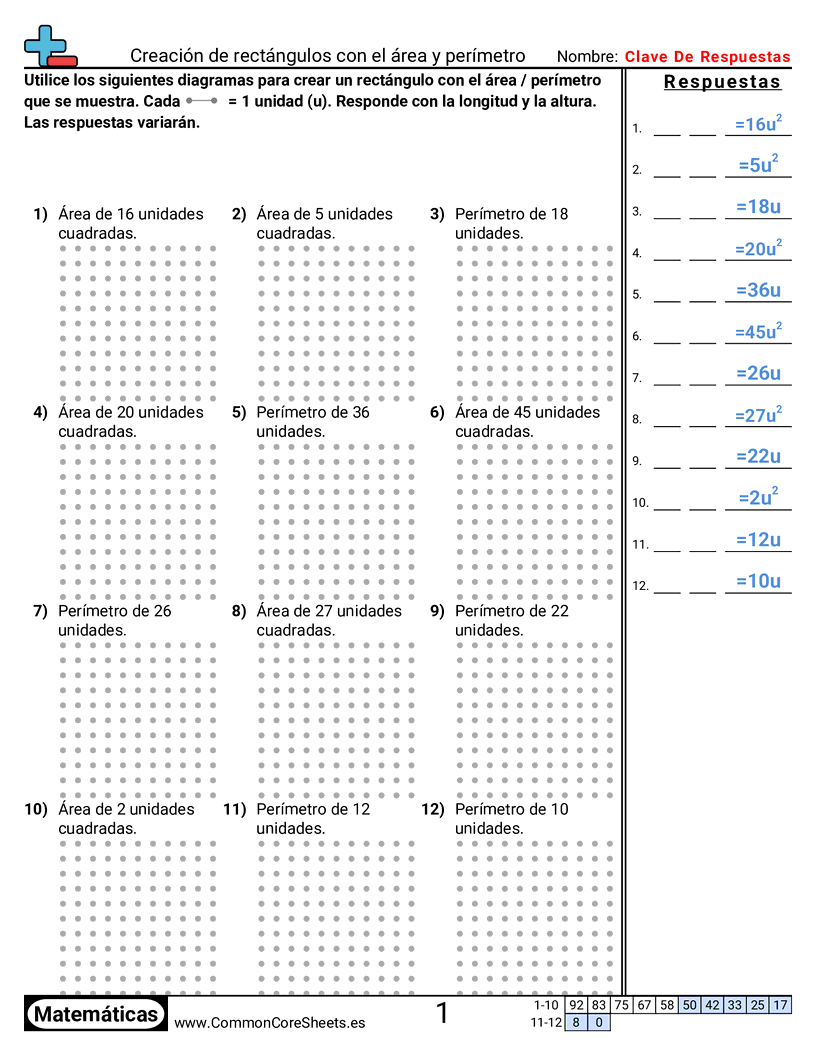 3rd Grade Ejercicios  área y perímetro - Crear rectángulos de área y perímetro worksheet