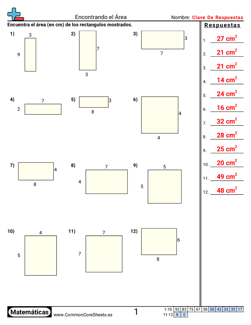 3rd Grade Ejercicios  área y perímetro - Encontrar el área worksheet