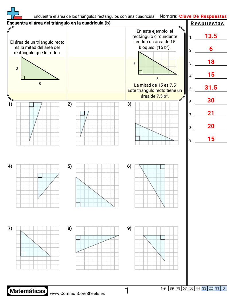 6th Grade Ejercicios  área y perímetro - Encontrar el área de triángulos rectángulos con una cuadrícula worksheet