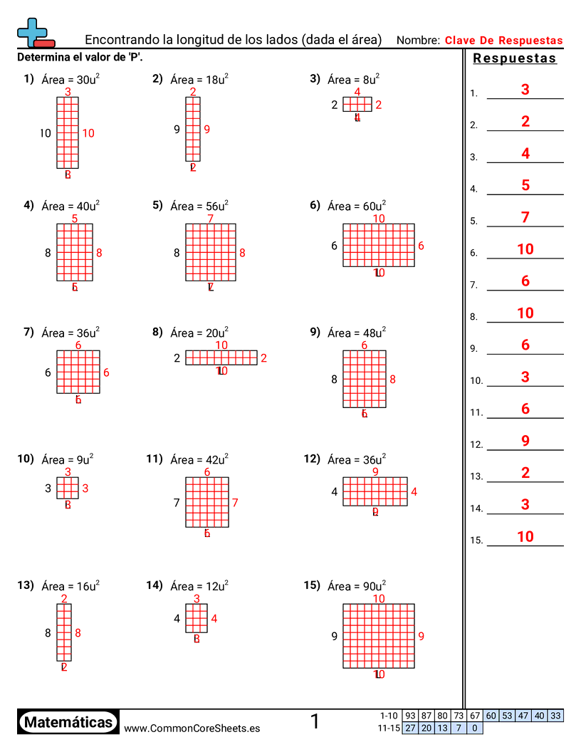 3rd Grade Ejercicios  área y perímetro - Lado faltante (área) E worksheet