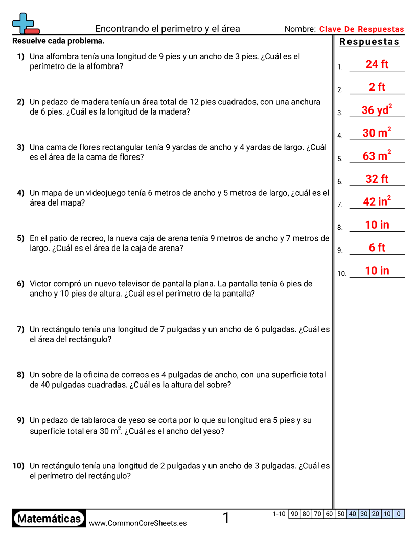 4th Grade Ejercicios  área y perímetro - Perímetro - área (palabras) worksheet
