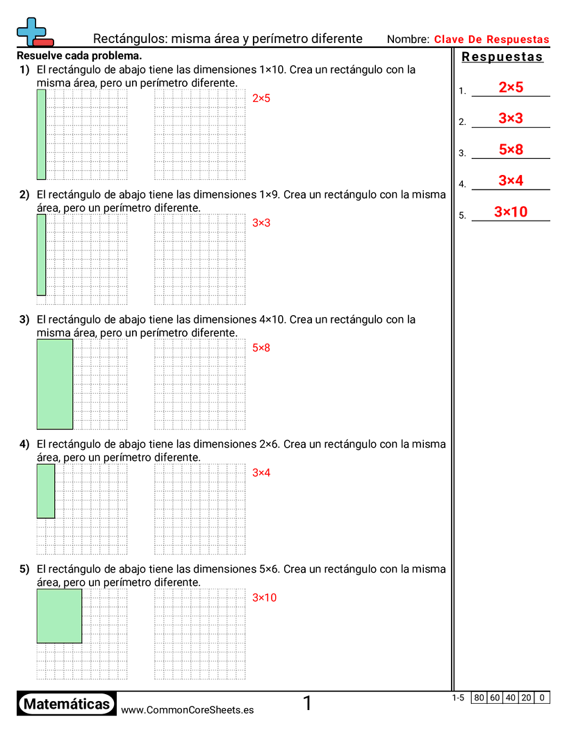 3rd Grade Ejercicios  área y perímetro - Rectángulos: misma área y distinto perímetro worksheet