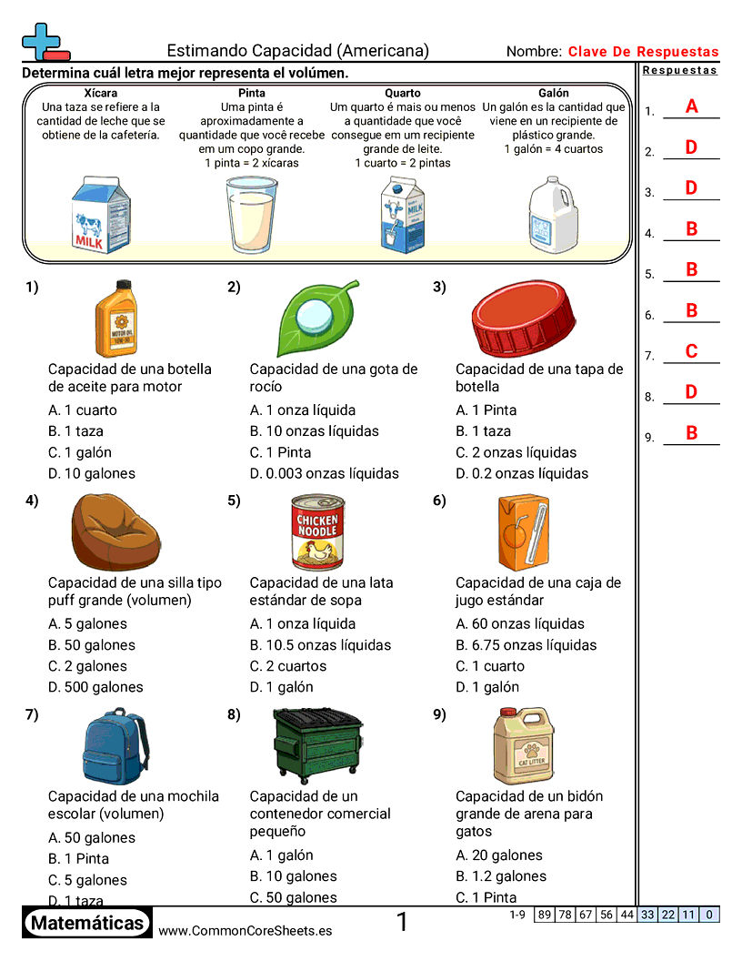 Ejercicios  de capacidad - capacidad-estadounidense-visual worksheet
