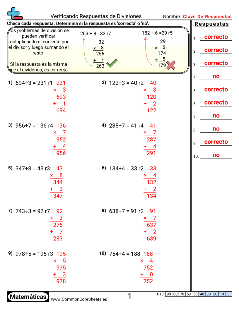 Ejercicios  de división - comprobar-respuestas-de-division worksheet