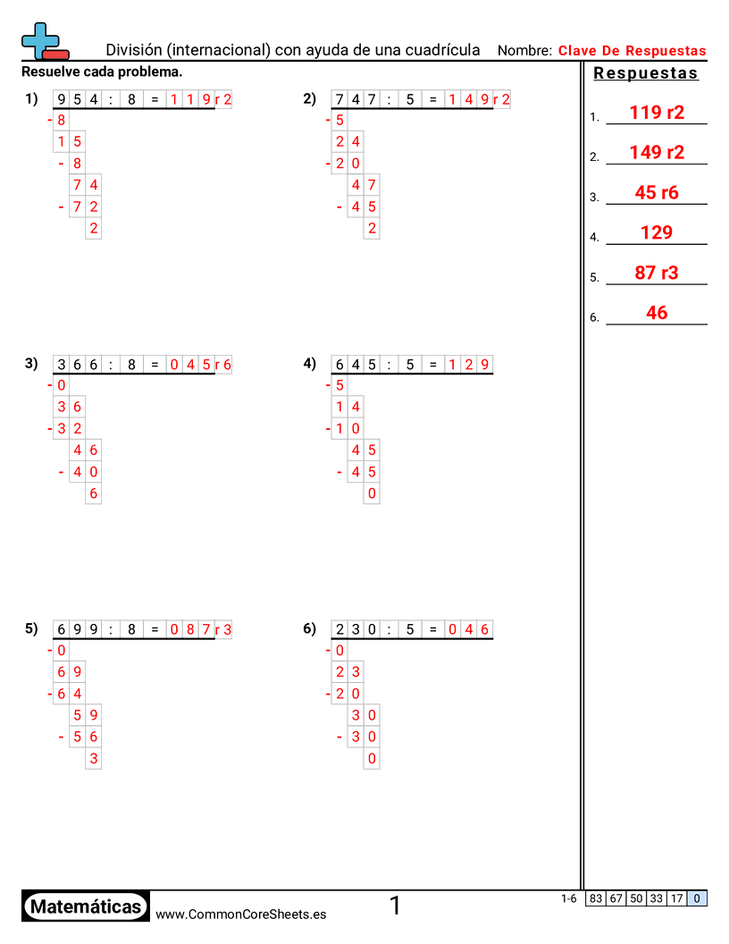 Ejercicios  de división - division-estilo-internacional-con-cuadricula-de-ayuda worksheet
