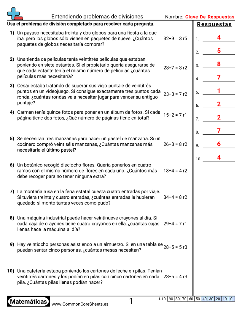 Ejercicios  de división - entender-respuestas-de-division worksheet
