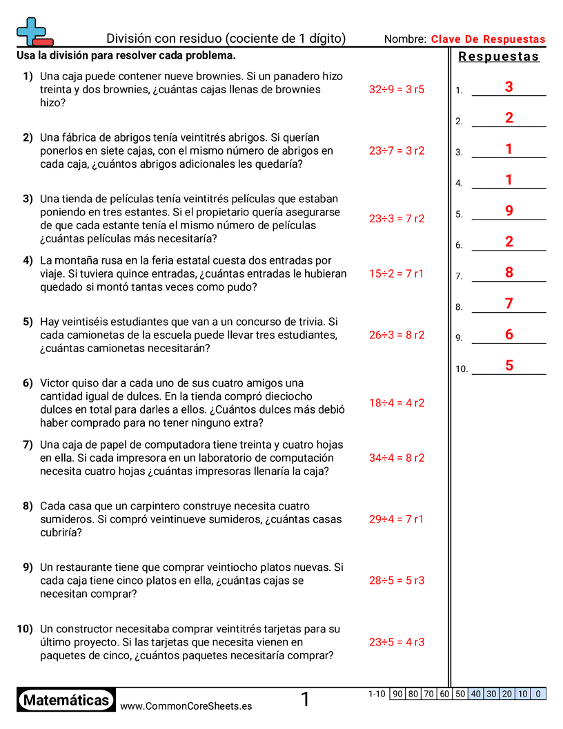 Ejercicios  de división - cociente-de-1-digito-con-residuo worksheet