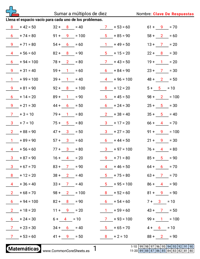 Ejercicios  de ejercicios de matemáticas - sumar-a-multiplos-de-diez worksheet