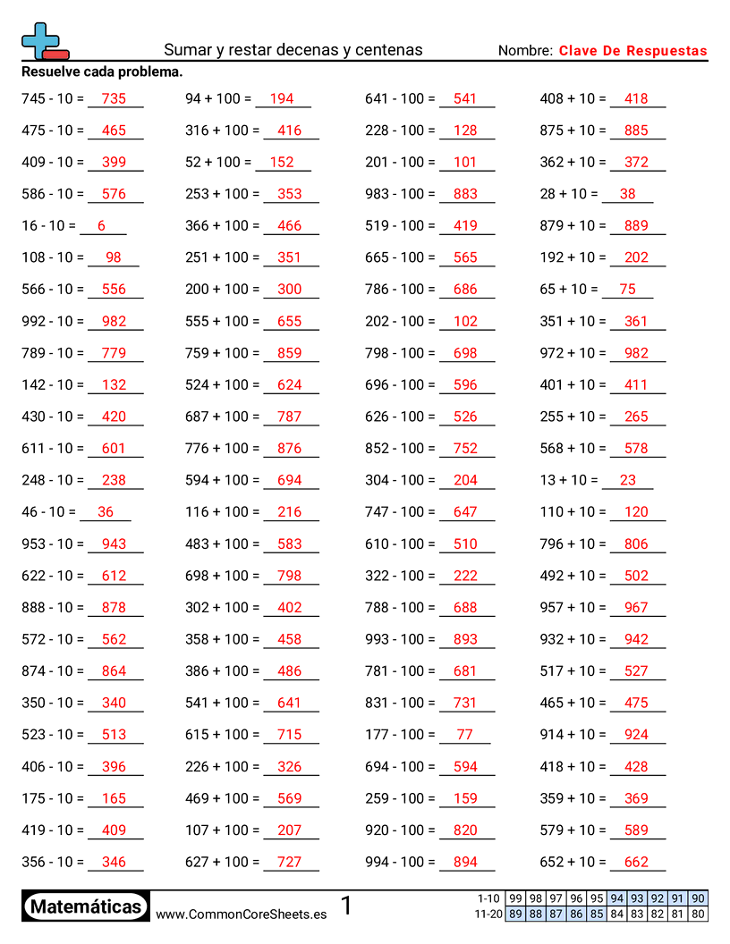 Ejercicios  de ejercicios de matemáticas - sumar-y-restar-decenas-y-centenas worksheet