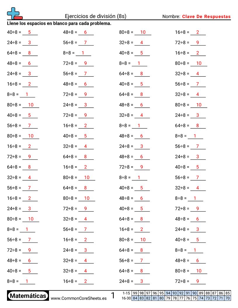 Ejercicios  de división - 8-tablas worksheet