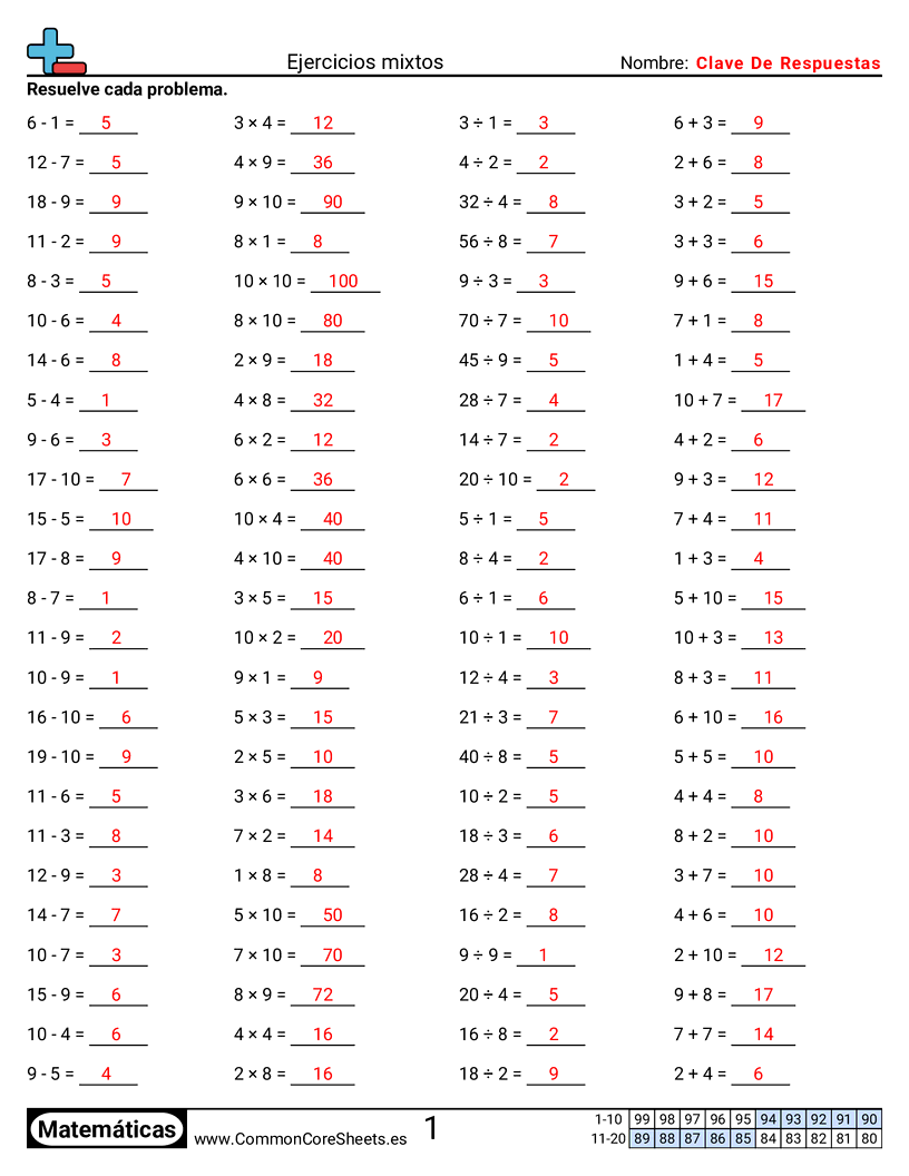 CCSS 1.OA.6 Worksheets - Ejercicios mixtos worksheet