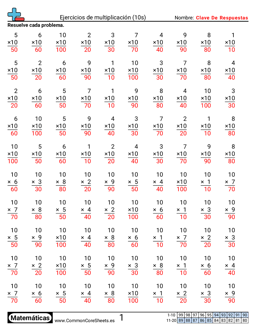 Ejercicios  de ejercicios de matemáticas - 10-tablas worksheet