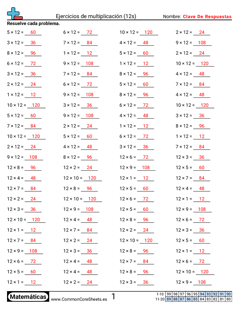 Ejercicios  de ejercicios de matemáticas - 12-tablas-horizontal worksheet