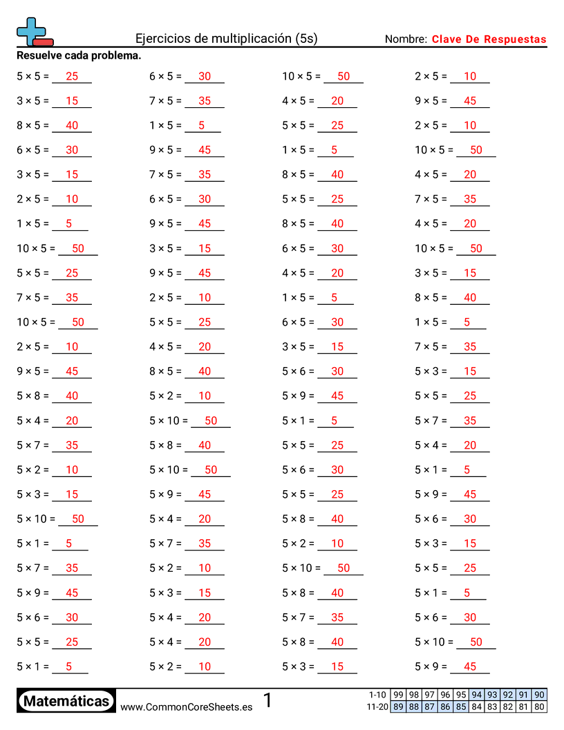 Ejercicios  de ejercicios de matemáticas - 5-tablas-horizontal worksheet