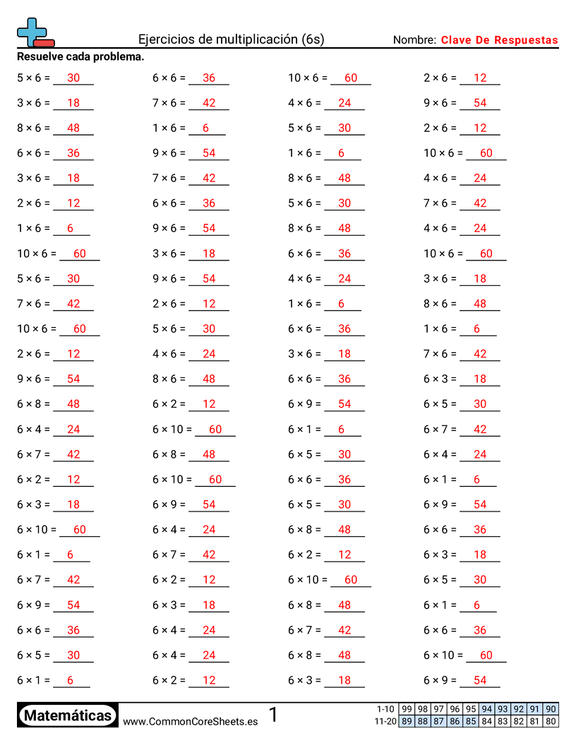 Ejercicios  de ejercicios de matemáticas - 6-tablas-horizontal worksheet