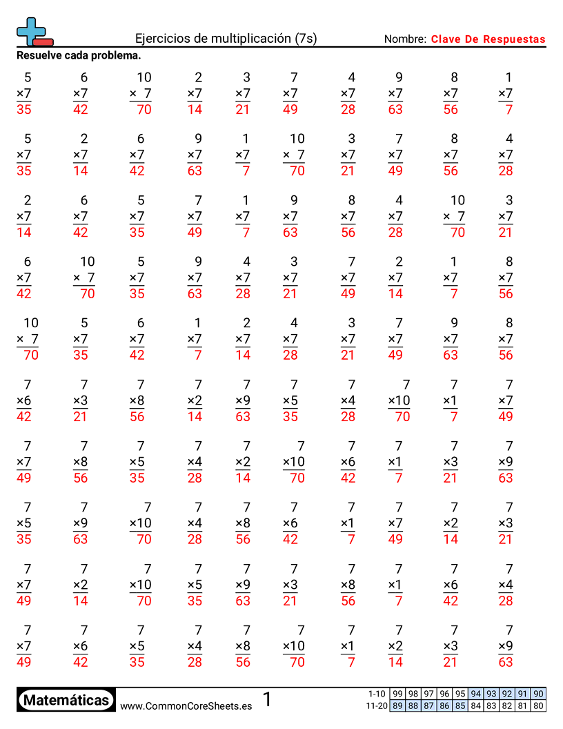 Ejercicios  de ejercicios de matemáticas - 7-tablas worksheet