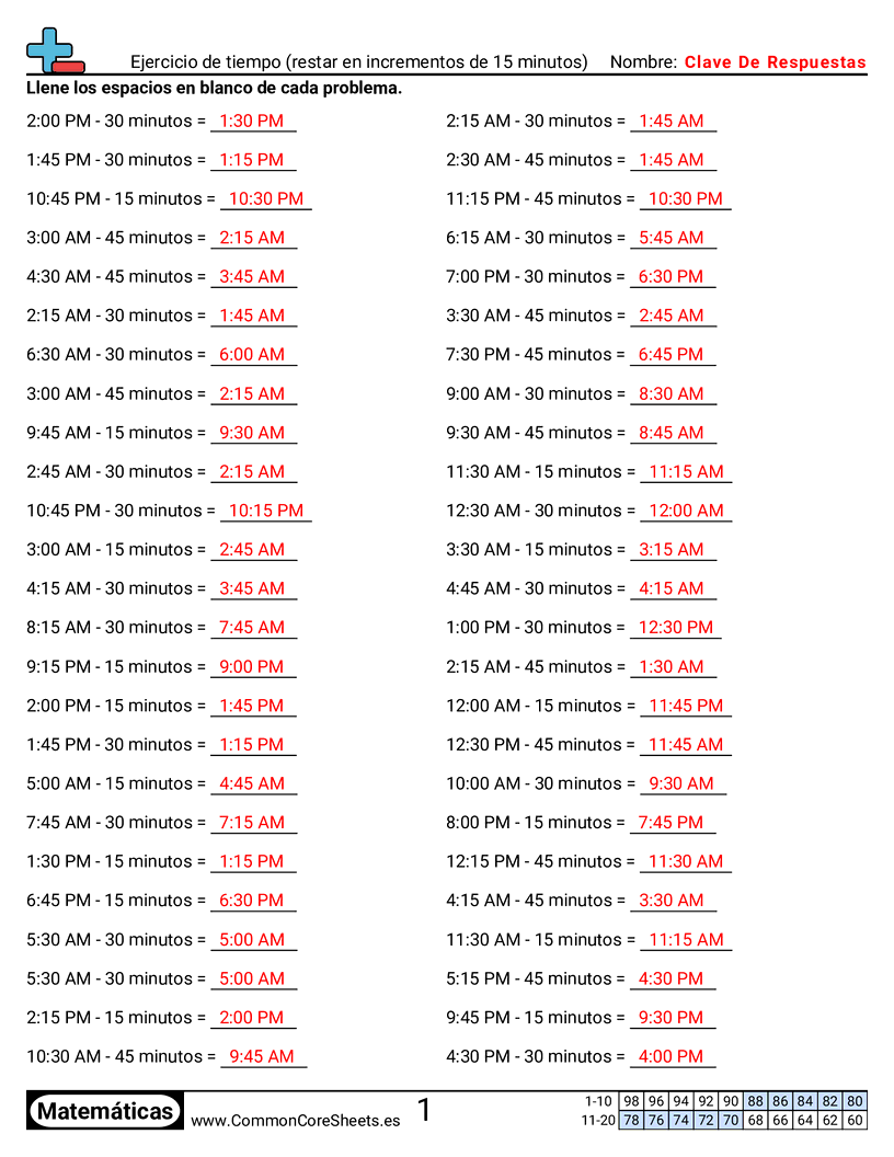 Ejercicios  de ejercicios de matemáticas - restar-minutos worksheet