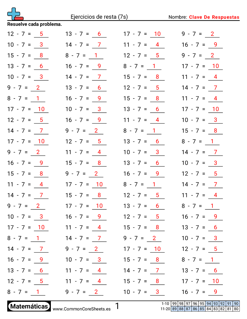 Ejercicios  de ejercicios de matemáticas - 7-tablas-horizontal worksheet