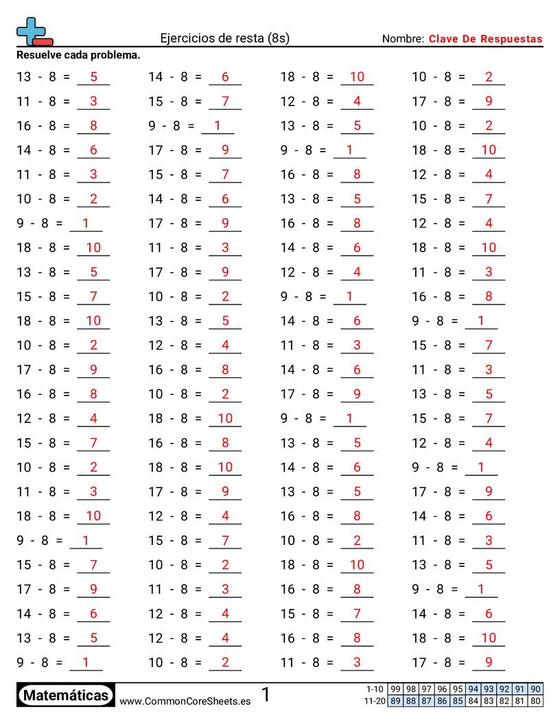 Ejercicios  de ejercicios de matemáticas - 8-tablas-horizontal worksheet