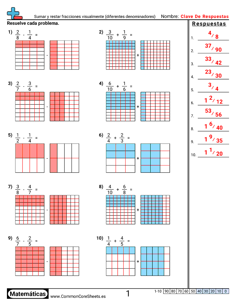 Ejercicios  de fracciones - sumar-y-restar-fracciones-visualmente-distintos-denominadores worksheet