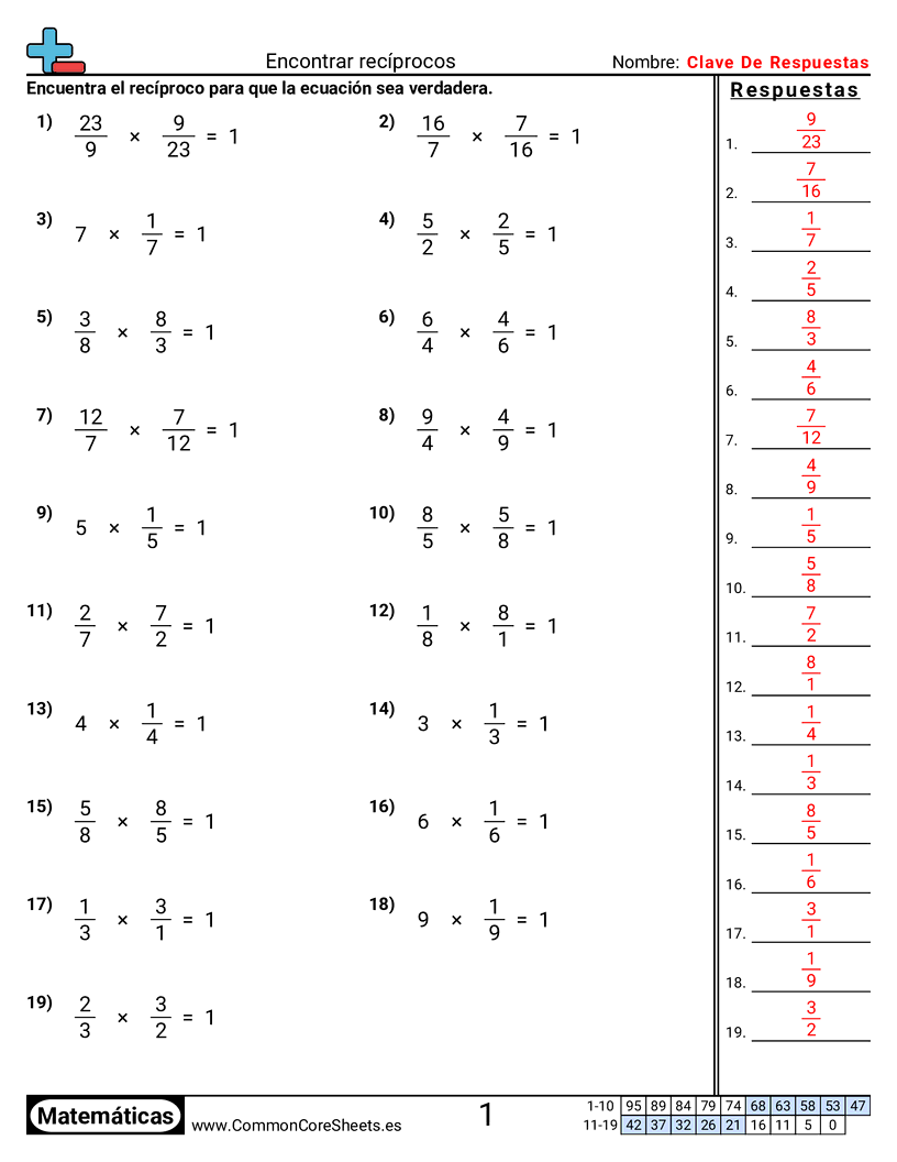 Ejercicios  de fracciones - encontrar-reciprocos worksheet