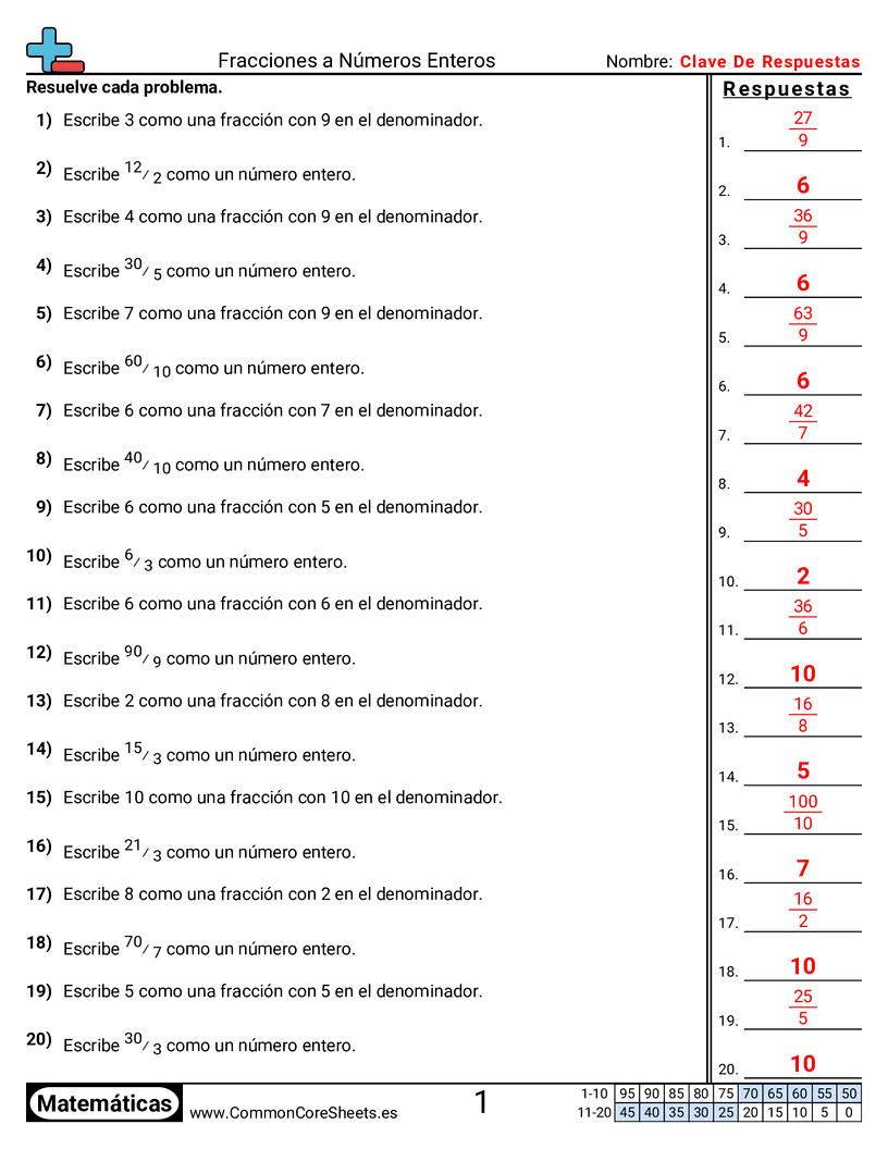Ejercicios  de fracciones - fracciones-a-numeros-enteros worksheet