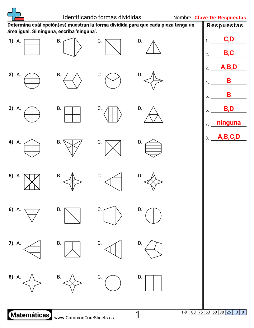 Ejercicios  de fracciones - identificar-figuras-particionadas worksheet