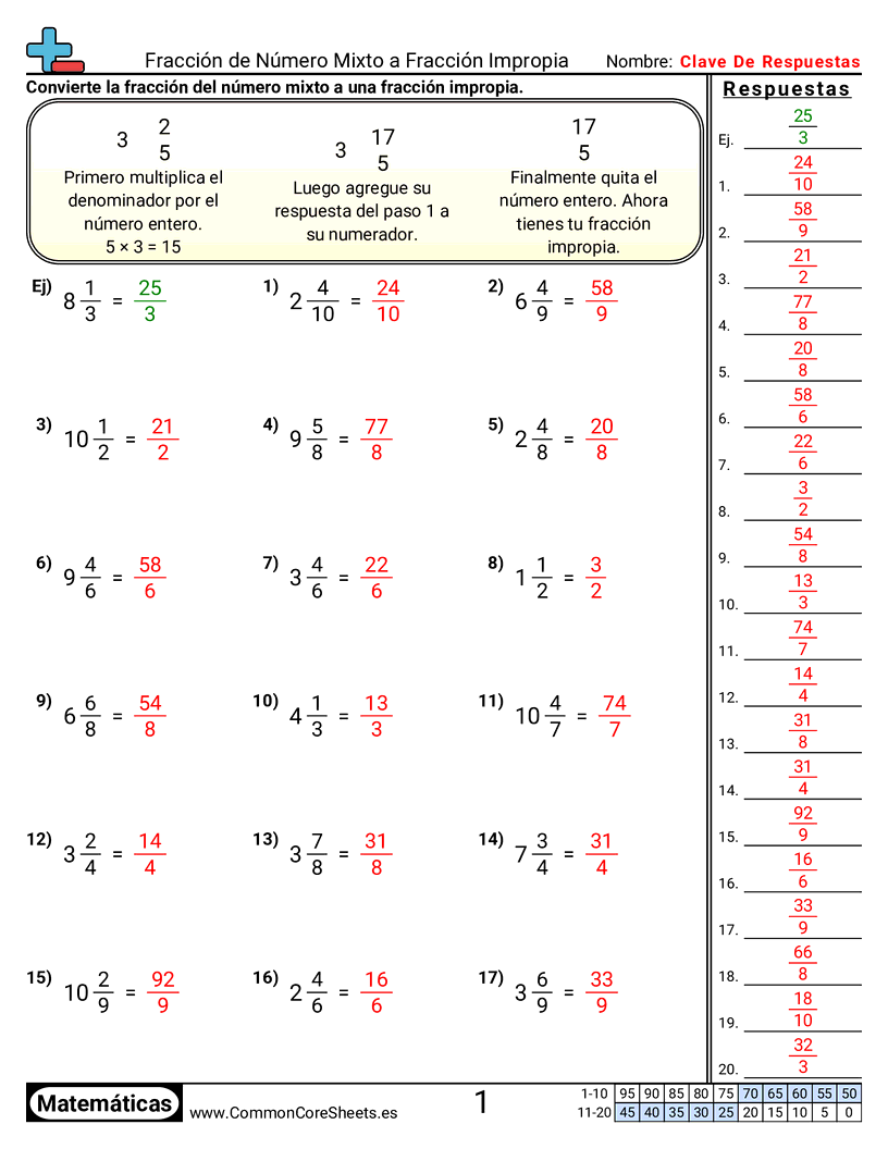 Ejercicios  de fracciones - numero-mixto-a-impropia worksheet