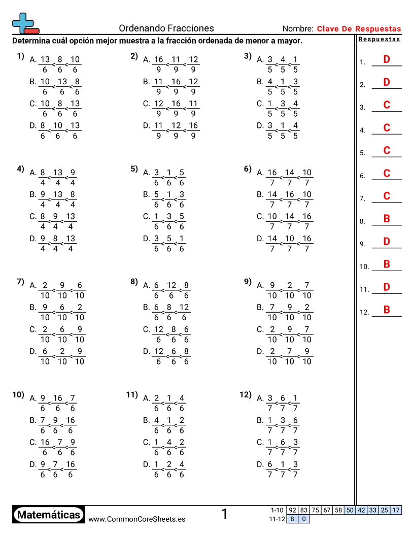 Ejercicios  de fracciones - ordenar-fracciones-opcion-multiple worksheet
