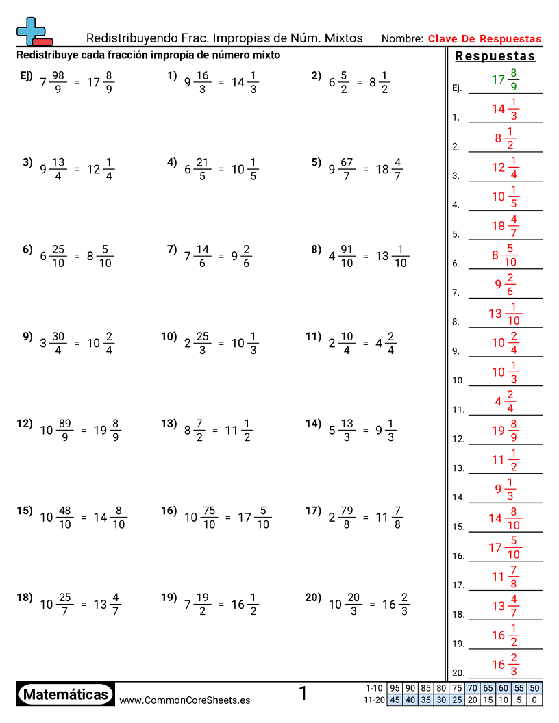 Ejercicios  de fracciones - redistribuir-fracciones-mixtas-impropias worksheet