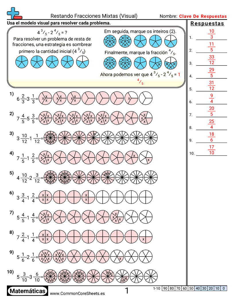 Ejercicios  de fracciones - restar-fracciones-mixtas-visual worksheet