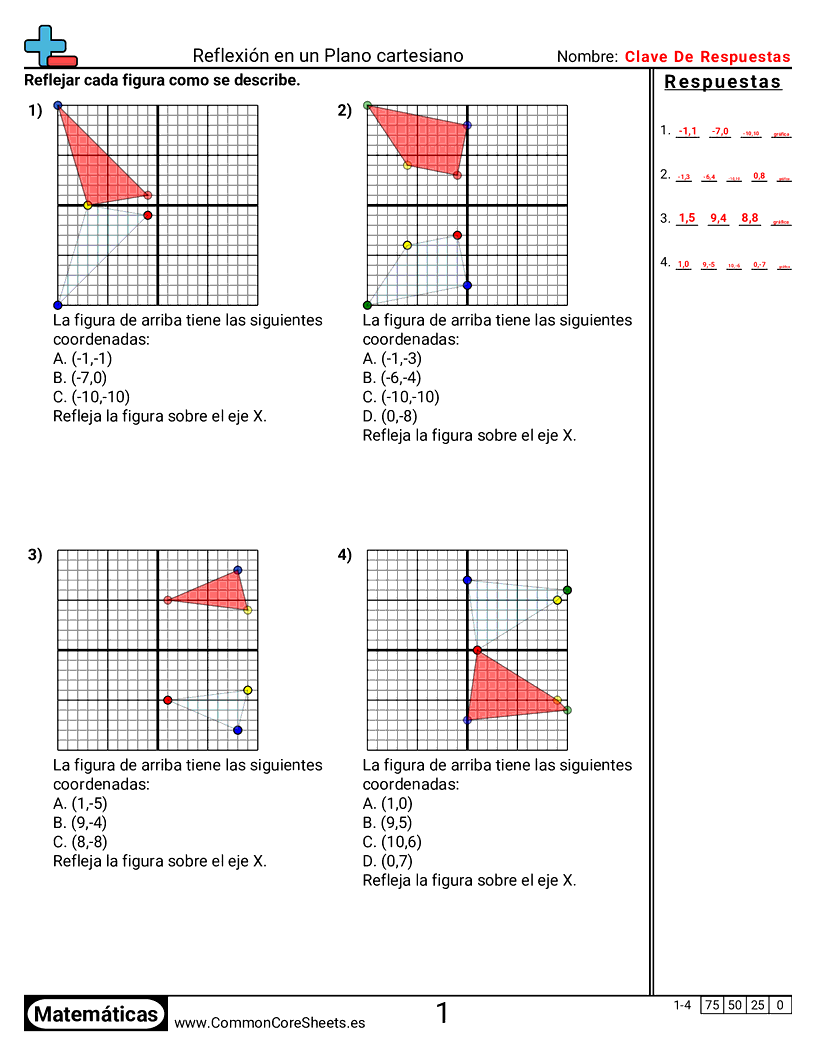 Ejercicios  de cuadriculas - reflejar-en-el-plano-de-coordenadas worksheet