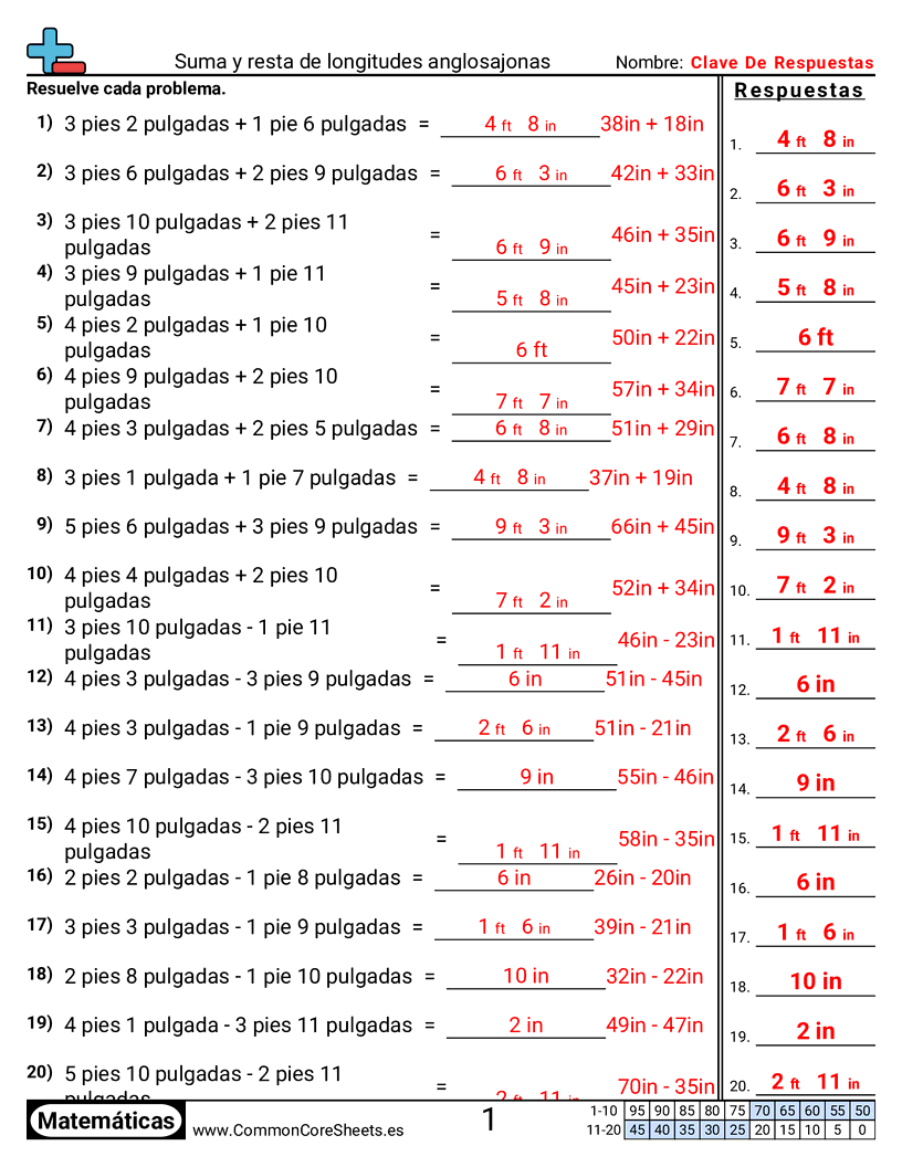 Ejercicios  de medición - Sumar y restar longitudes estadounidenses worksheet