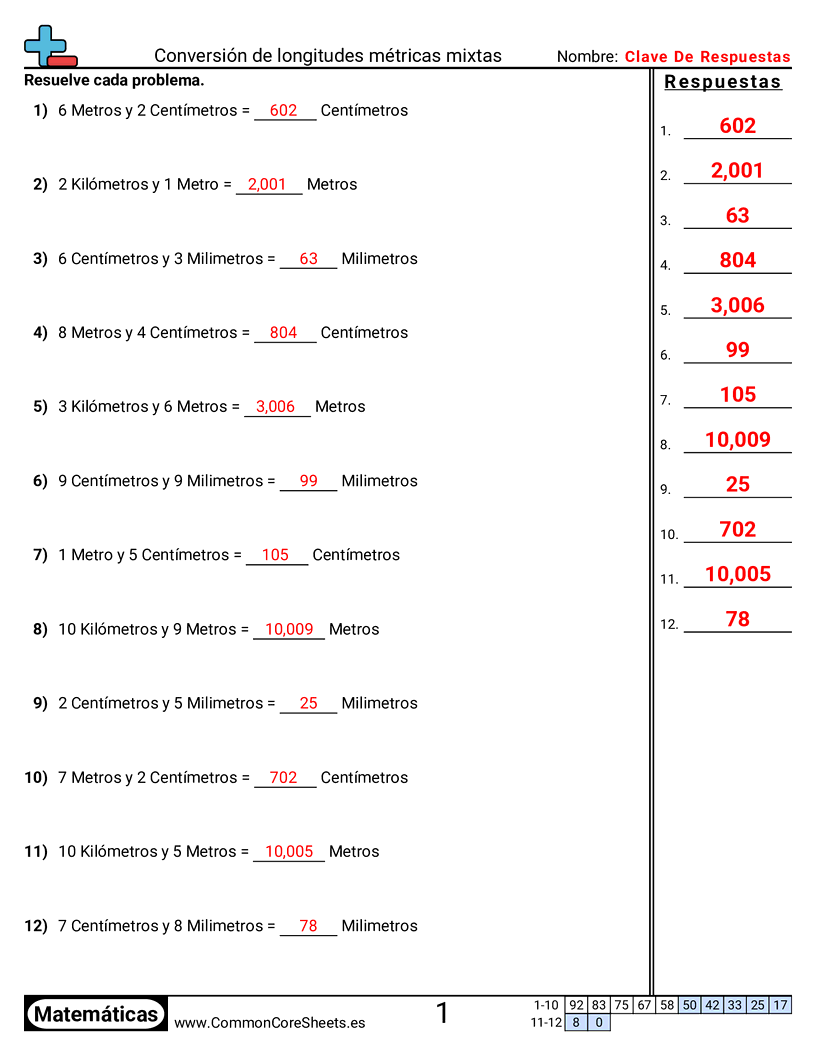 Ejercicios  de medición - Convertir longitudes métricas mixtas worksheet
