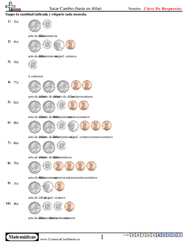  - sacar-cambio-hasta-un-dolar worksheet