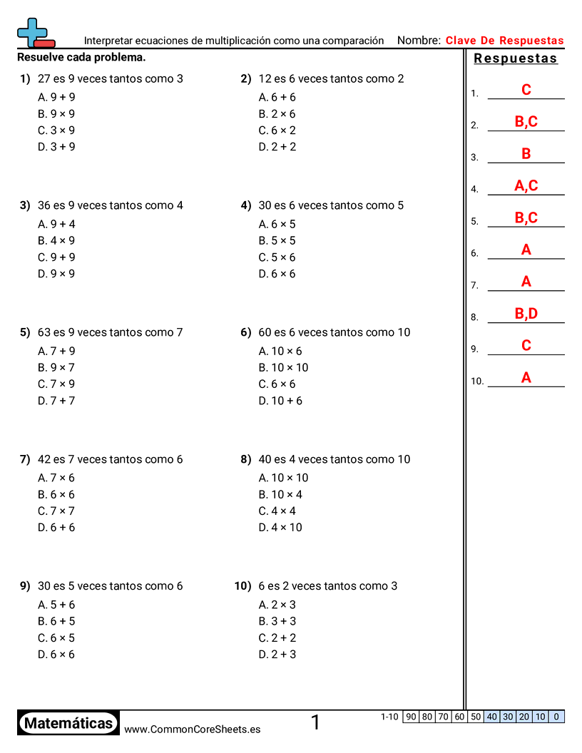 4th Grade Ejercicios  de valor y valor posicional - Interpretar ecuaciones de multiplicación como una comparación worksheet