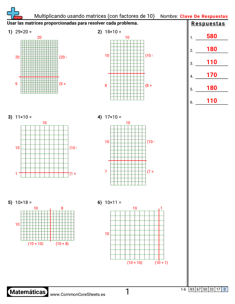 Ejercicios  de multiplicación - Multiplicar usando arreglos (con factores de 10) worksheet