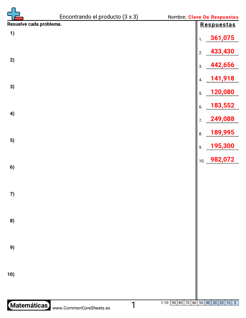 Ejercicios  de multiplicación - 3 dígitos × 3 dígitos worksheet